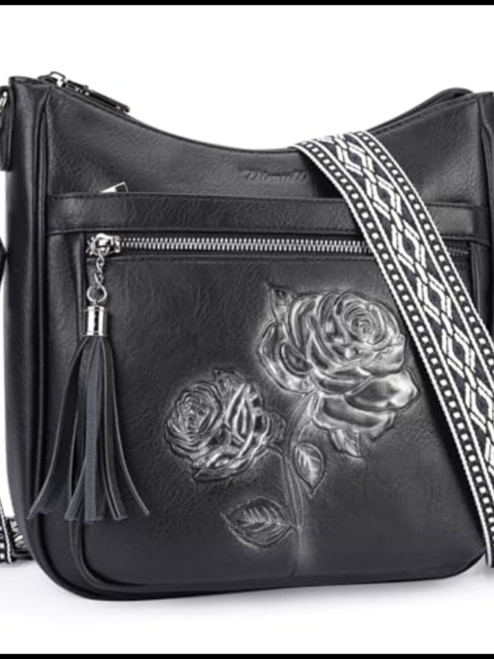 Vegan Leather Crossbody Hobo Bag Embossed Floral Rabbit Purse Adjustable Strap